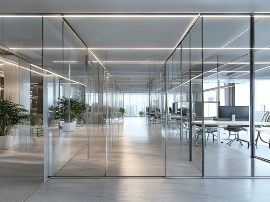 Architecture et bâtiment plastique sur mesure 2 Cloison de bureau en PMMA 10 mm transparent montée sur montants aluminium, séparant un open space tout en préservant la lumière naturelle
