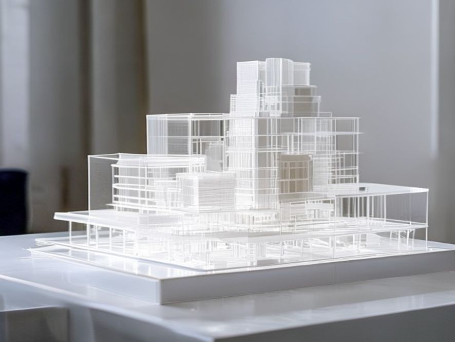 Architecture et bâtiment plastique sur mesure 5 Maquette architecturale de bâtiment en PMMA transparent et PVC blanc découpés laser à l'échelle, surfaces planes et précision ±0,2 mm