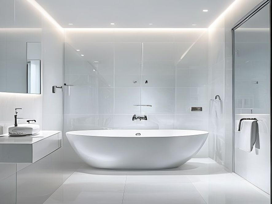 Architecture et bâtiment plastique sur mesure 4 Paroi de douche en PMMA 6 mm satiné avec bords polis sur chaque face, installée dans une salle de bain blanche moderne, sans joint apparent