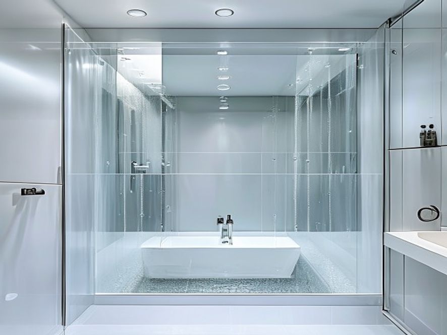 Architecture et bâtiment plastique sur mesure 10 Paroi de douche en PMMA 6 mm transparent avec chants polis miroir, installée dans une salle de bain moderne aux carreaux blancs, fixation invisible